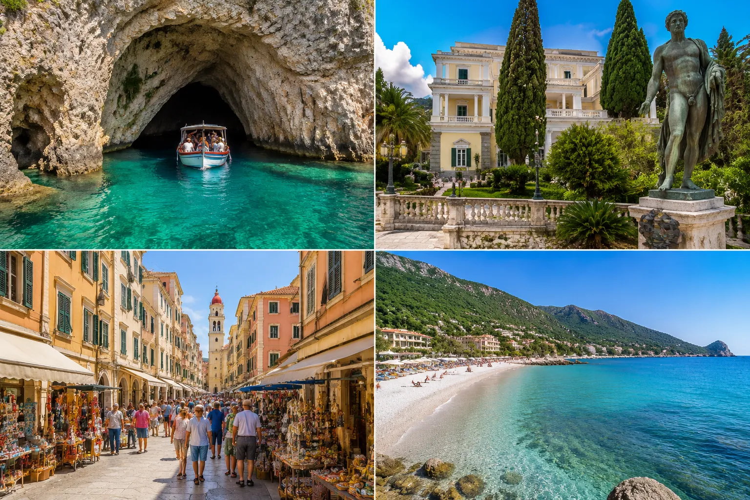 () editorial collage showing four distinct Corfu day trip scenes arranged in a grid: top-left shows the dramatic sea caves