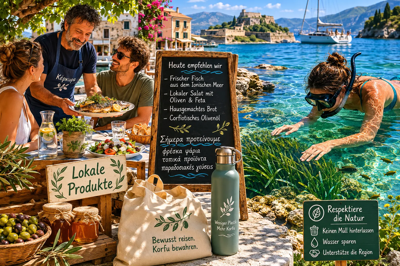 () editorial collage showing sustainable tourism elements on Corfu: a split composition featuring a local Greek taverna