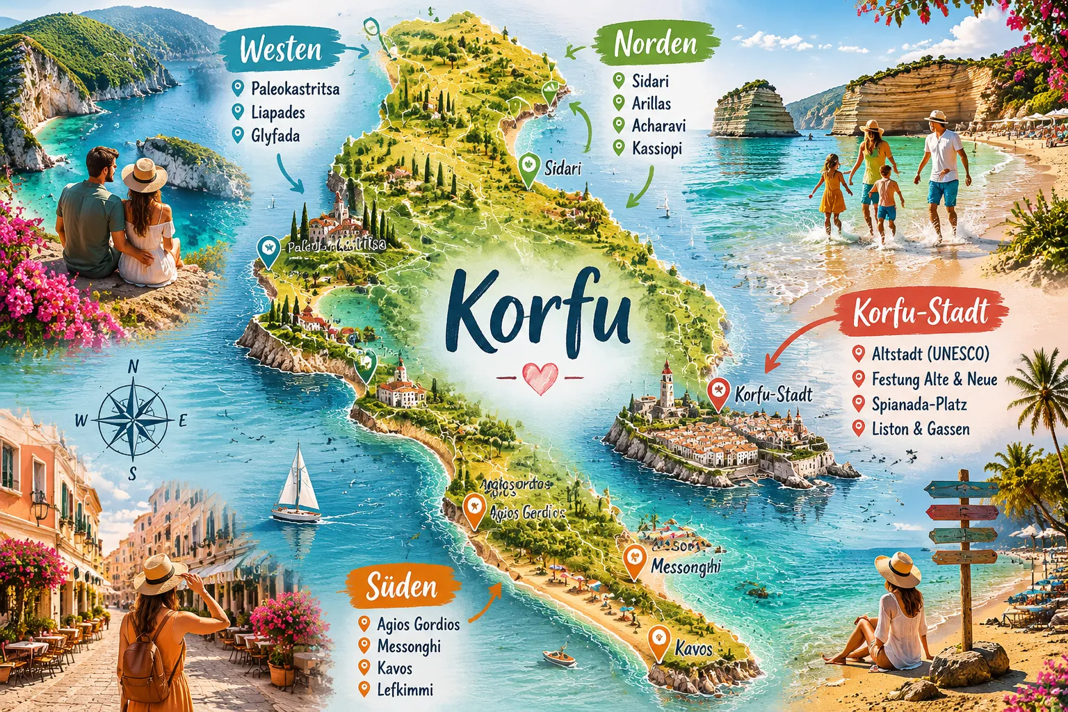 Detailed () editorial illustration showing a colorful map of Korfu (Corfu) island with illustrated regional icons: a