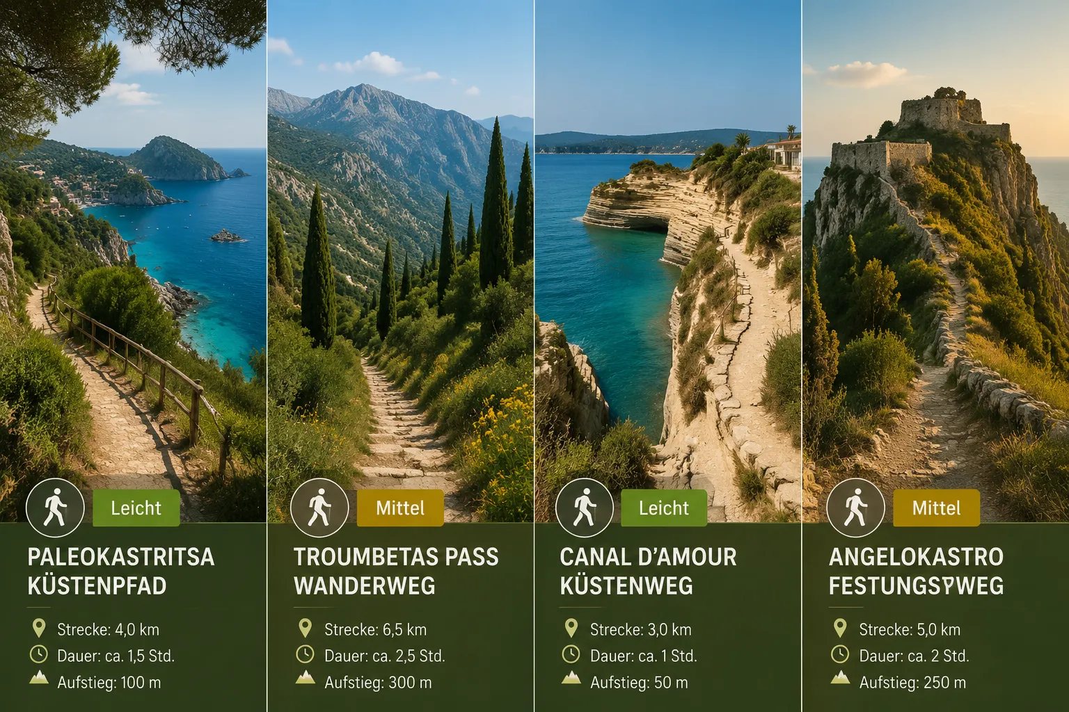 Detailed () editorial image showing a split-scene comparison of four short hiking trails on Corfu island: left panel shows